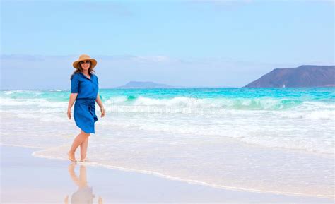 Happy Traveller Woman In Blue Dress Enjoys Her Tropical Beach Va Stock