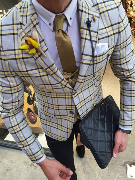 buy yellow slim fit plaid suit by with free shipping