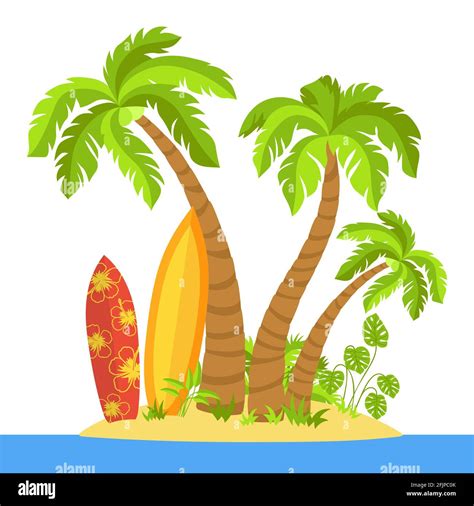 Tropical Beach Flat Cartoon Island Surfboard Palm Trees And Sea Sand