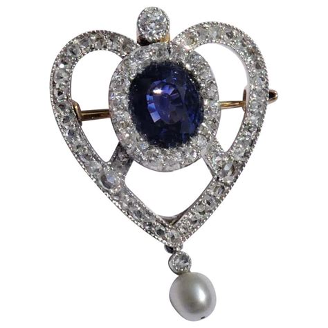 Antique Edwardian Blue Sapphire Diamond Pearl Gold Platinum Heart