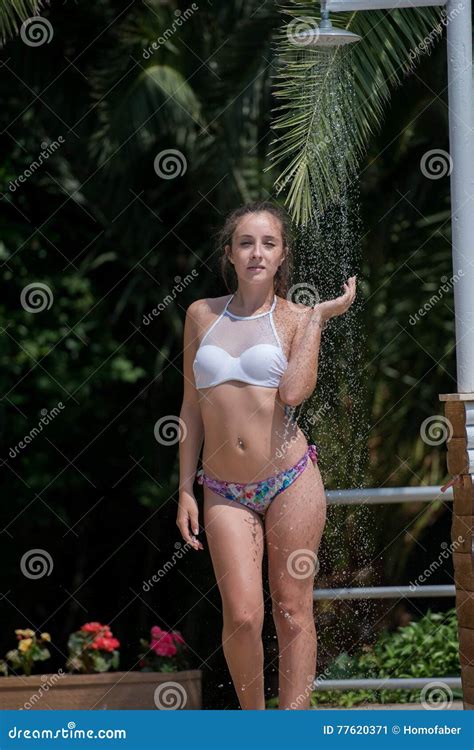 Girl Wear Bikini Standing Under The Outdoor Pool Shower Stock Image Image Of Refresh