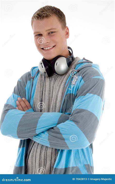 Hombre Sonriente Con El Auricular Imagen De Archivo Imagen De