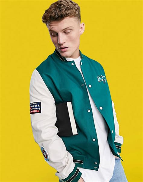 Asos Design Oversized Varsity Cotton Bomber Jacket In Green With