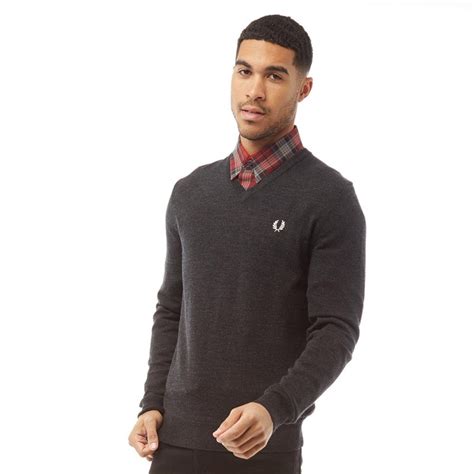 Buy Fred Perry Mens Classic Merino V Neck Jumper Anthracite Marl