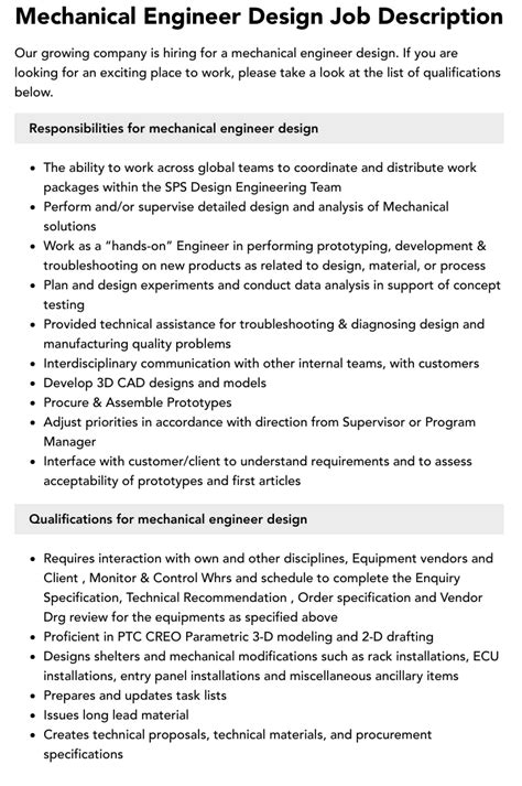 Mechanical Engineer Design Job Description Velvet Jobs