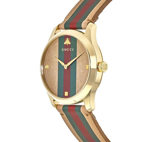 Gucci G Timeless Green Red And Brown Gold Tone Case Leather Strap