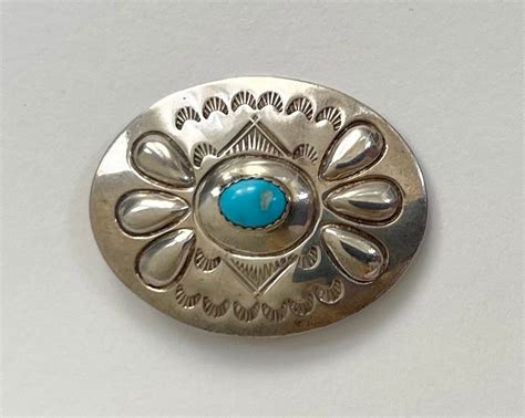 Navajo Turquoise Brooch Pin Artist Stamped Repousse Oval Sterling