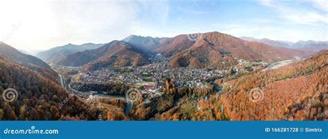 Aerial View Of Krasnaya Polyana Mountains In Autumn Russia Stock