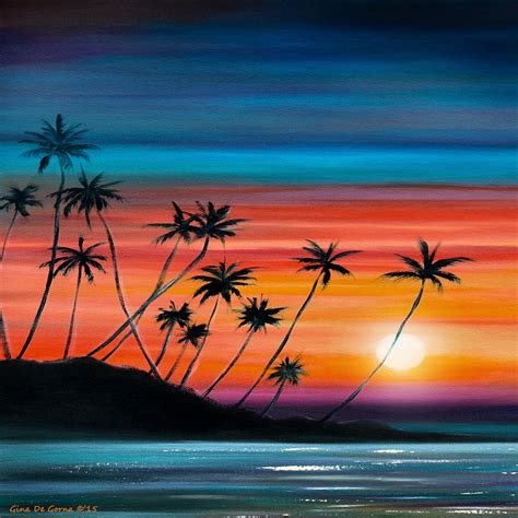 Palm Trees Beach Square Sunset Painting By Gina De Gorna