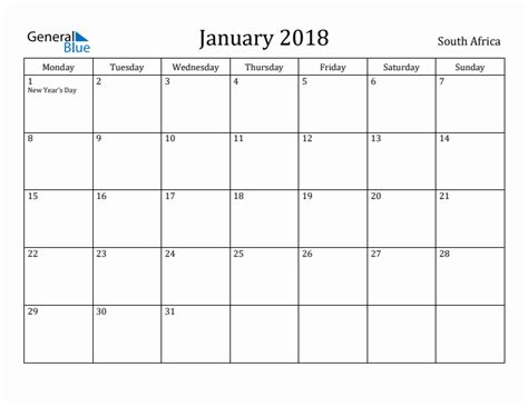 January 2018 South Africa Monthly Calendar With Holidays