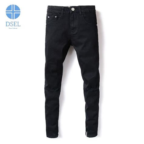 Black Color Denim Men S Jeans High Street Knee Hole Ripped Skinny Jeans