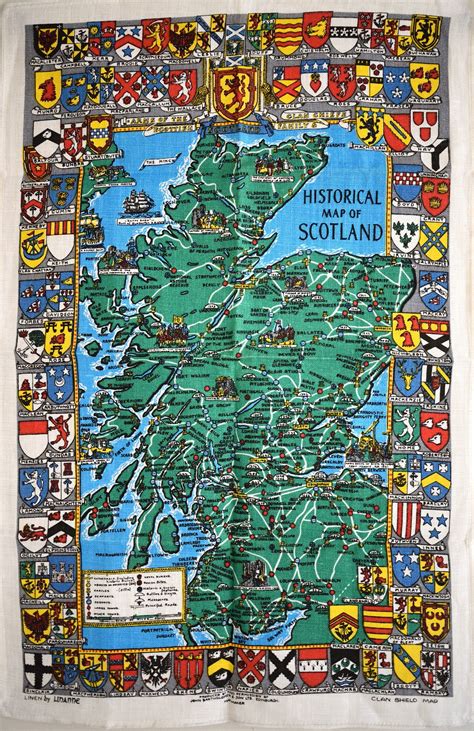 Scottish Clans Tea Towel Vintage Historical Map Of Scotland Etsy