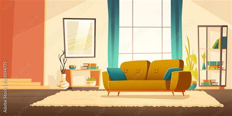 Living Room Interior With Sofa Bookshelves And Plants Vector Cartoon