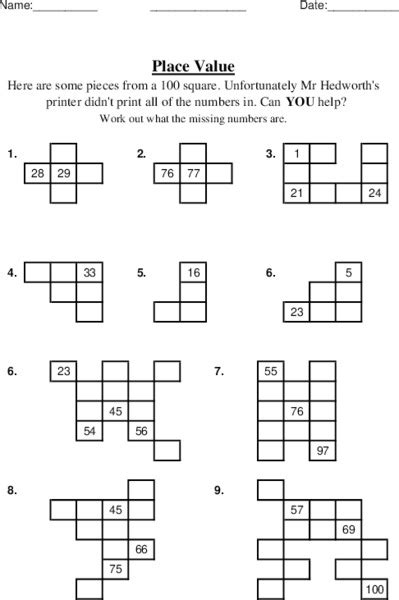 Hundred Square Missing Numbers Worksheet