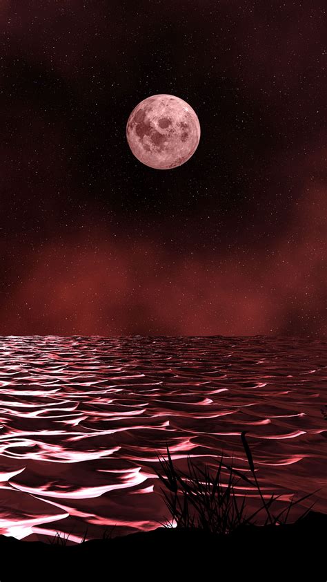 Download Wallpaper 2160x3840 Sea Night Moon Waves Dim Red Samsung