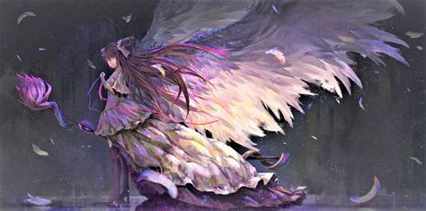 Angel Anime Dress Feather Girl Long Hair Purple Wings Wallpaper