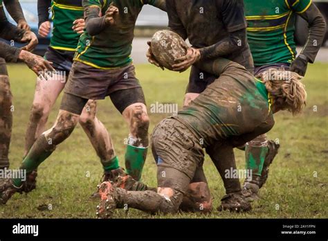 Rugby Tackle Taking Place During An Extremely Muddy Rugby Match Stock