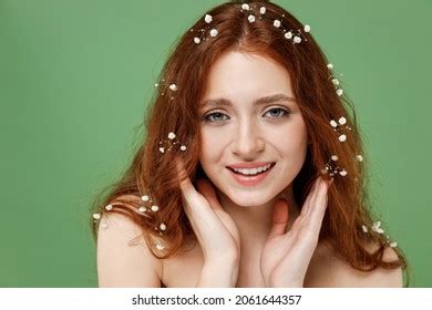 Beautiful Smiling Half Naked Topless Redhead Stock Photo