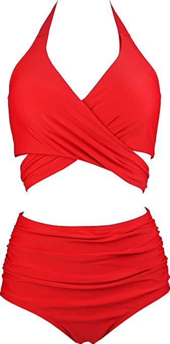 Cocoship Red Solids Womens Retro Ruching Ruffle High Waist Two Piece Bikini Set Cross Wrap