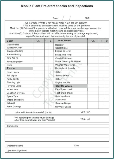 Printable CDL Pre Trip Inspection Sheet