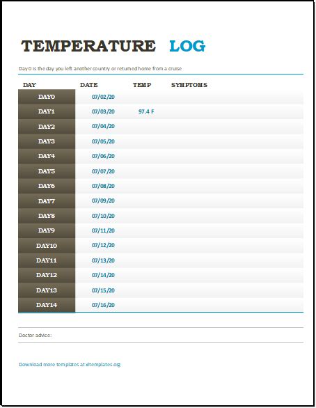 personal temperature log template  excel excel templates
