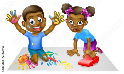 Two Happy Black Children Playing Together With Paint And Toy Car Stock