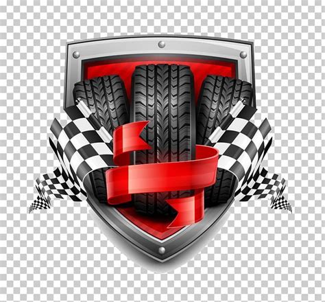The Emblem For A Racing Team With Checkered Flags And Tire Treads On It