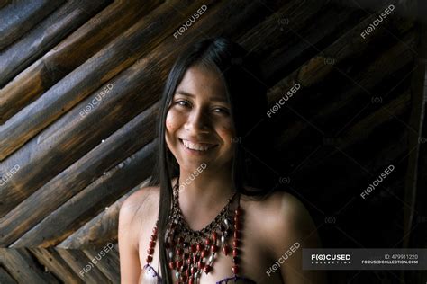 Smiling Young Guarani Woman Against Bamboo Wall Misahualli — South