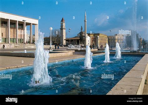 Albania Tirana Palace Of Culture Clock Tower And Mosque Stock Photo