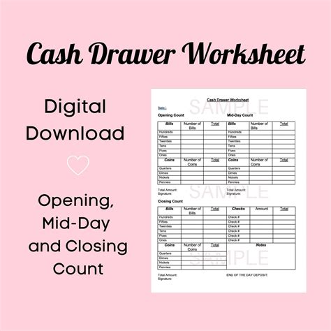 Cash Drawer Worksheet Drawer Count For Business Etsy Norway