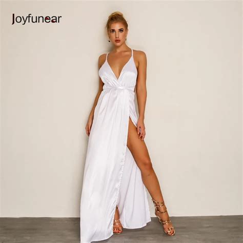 Joyfunear New Arrival Split Maxi Dress White Blue Solid Sexy Deep V