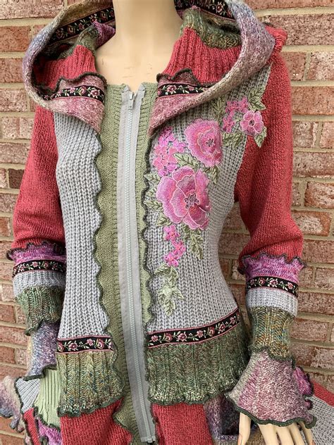 Floral Embroidered Sweater Coat L Xl Upcycled Fantasy Clothing