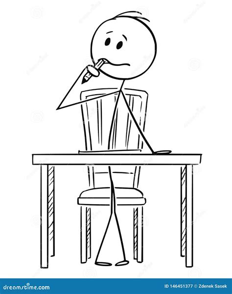 Cartoon Of Man Sitting Behind Desk And Thinking With Pencil In Mouth
