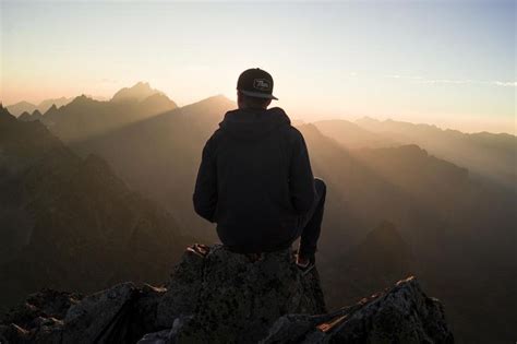 Guy Man Male People Back Contemplate Sit Nature Mountains