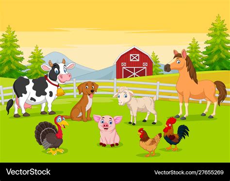 Cartoon Farm Animals In Farming Background Vector Image