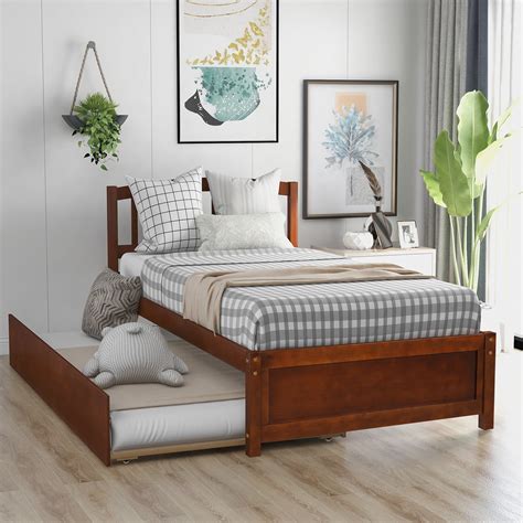 Twin Size Platform Bed Frame With Trundle Pull Out Combination Bed