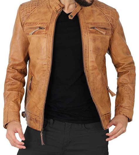 Brown Lambskin Quilted Camel Leather Jacket Mens