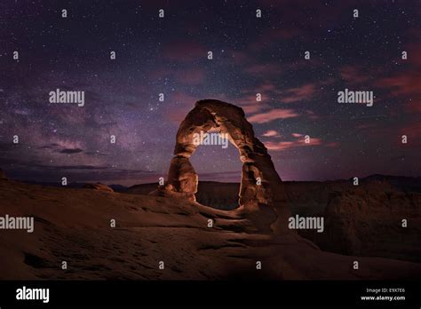 Delicate Arch Rock Formation Light Painted At Night In Arches National
