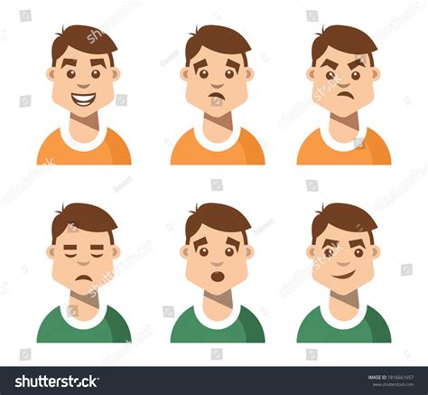 Young Man Face Expression Set Cartoon เวกเตอร์สต็อก ปลอดค่าลิขสิทธิ์