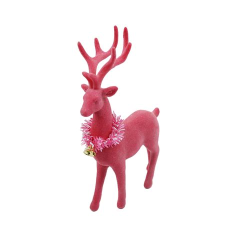 Pink Flocked Resin Reindeer Christmas Decoration 12 In By Holiday Time