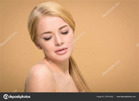 Naked Blonde Woman Long Shiny Hair Looking Isolated Beige Stock Photo
