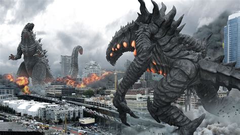 Two Godzillas Are Attacking City With Background Of Smokes During