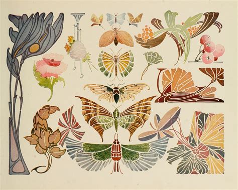 Vintage Art Nouveau Butterflies And Flowers Clip Art Art Nouveau