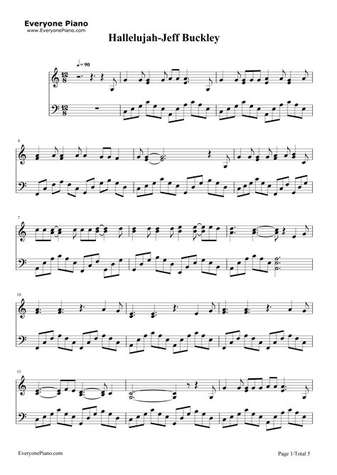 Hallelujah Jeff Buckley Stave Preview 1 Piano Sheet Music Free Hymn