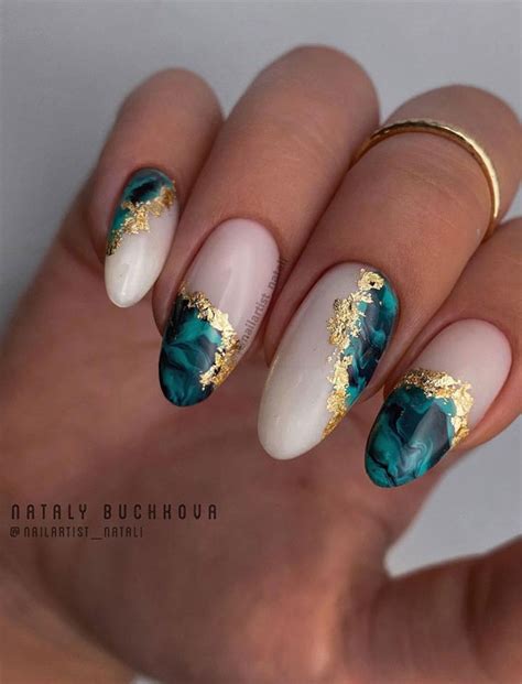 Creative And Pretty Nail Trends 2021 Green Marble On Milky White Nails
