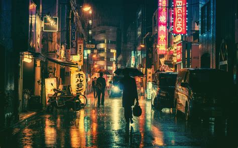 Japanese City Urban Street Asia Rain Night Tokyo Japan Lights Street Light Reflection