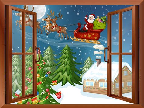 Cartoon Santa Claus And Reindeers Flying Over The Snow Wall Mural
