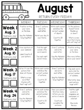 KINDERGARTEN HOMEWORK | AUGUST by Mrs Jones' Creation Station | TpT