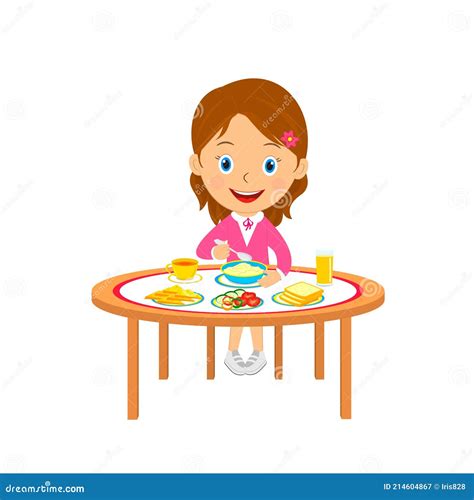 Cute Cartoon Girl Eat At The Table Stock Vector Illustration Of Lunch Young 214604867