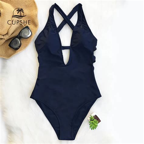 Free Shipping Cupshe Dark Blue Cross Solid One Piece Swimsuit Women